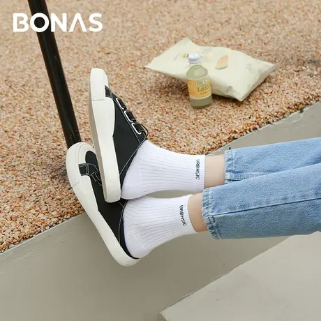 宝娜斯袜子女夏季薄款运动风舒适透气黑色白色字母中筒袜ins潮图片