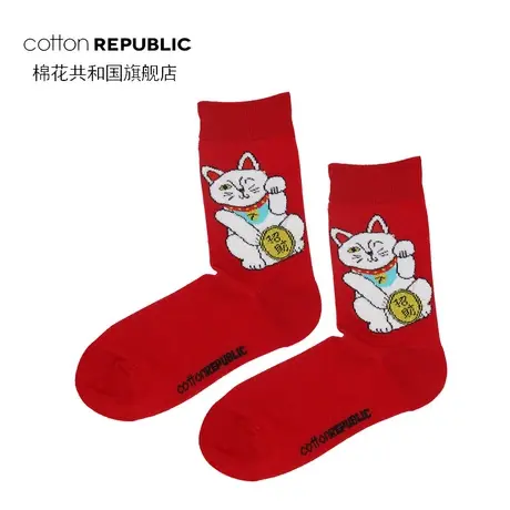 棉花共和国秋冬棉质女士中筒袜本命年红色招财猫休闲袜保暖潮袜子图片
