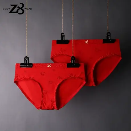 Z8大红色内裤女莫代尔蕾丝提臀性感火辣透气舒适本命年中腰三角裤图片