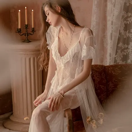 性感睡衣秋冬季薄款女2023年新款透视蕾丝珍珠吊带睡裙纯欲公主图片