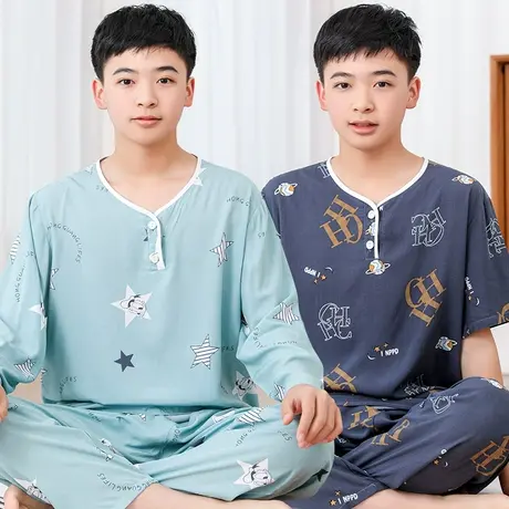 青少年棉绸睡衣男童夏季薄款长袖初中生家居服学生大童人造棉套装图片