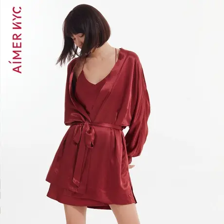 爱慕NYC中长睡袍家居服本命年红女士睡衣套装含桑蚕丝可外穿性感商品大图