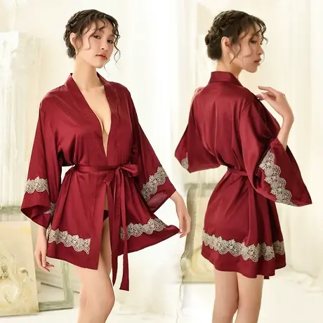 晨袍女新娘睡袍女性感冰丝睡衣结婚红色和服日式情趣挑逗结婚晨袍图片