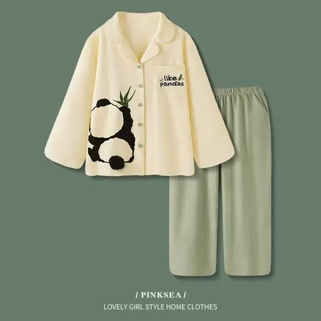 Pinksea纯棉睡衣女春秋2023年新款可爱熊猫长袖家居服套装可外穿商品大图