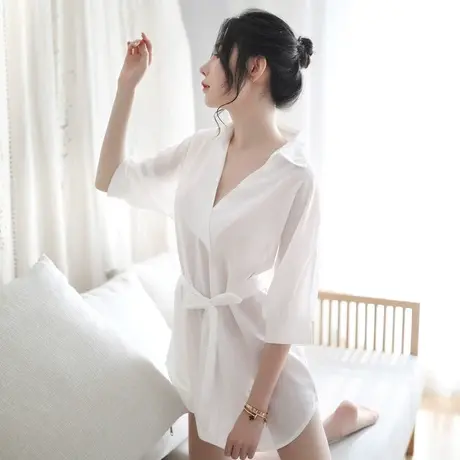 GDT男友风衬衫女士白色透明私房睡衣甜美风性感诱惑薄款夏季长款图片
