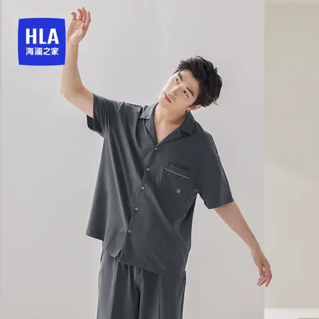 HLA/海澜之家男士翻领短袖短裤棉质可撕领标青年运动家居服套装商品大图