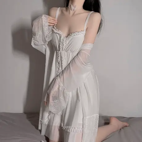 带胸垫睡衣女秋冬2023年新款可外穿白色少女甜美性感吊带睡裙套装图片