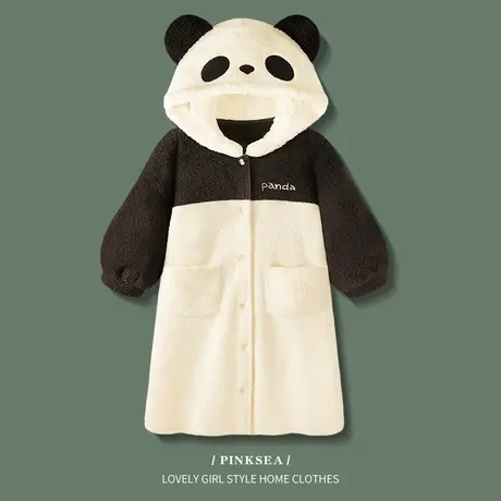 Pinksea珊瑚绒睡衣女秋冬季2024年新款卡通小熊猫宽松可外穿睡袍商品大图