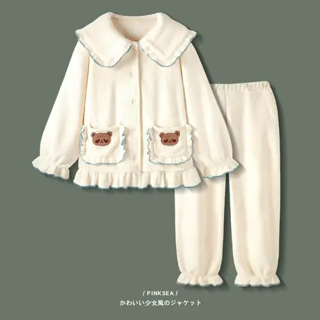 Pinksea珊瑚绒睡衣女加厚秋冬季保暖家居服2023年新款法兰绒套装商品大图