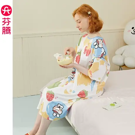芬腾纯棉布朗熊睡裙女夏季短袖中长裙卡通韩版少女可外穿家居睡衣图片