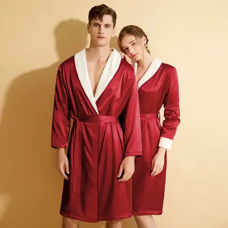 结婚情侣睡衣套装加绒晨袍红色睡袍新婚法兰绒新娘婚礼本命年浴袍图片