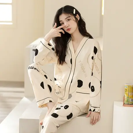 润微100%棉睡衣女士秋冬季熊猫可爱女士睡衣套装2023新款家居服商品大图
