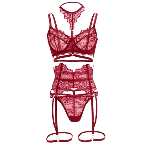 欧美性感蕾丝镂空红色透明薄女内衣文胸吊袜带套装图片