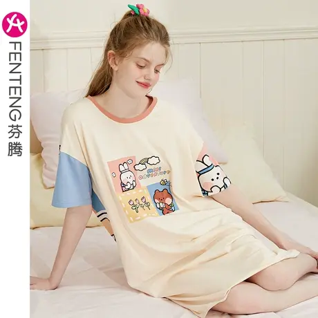 芬腾布朗熊纯棉睡裙女夏季薄款中长裙可爱卡通韩版少女家居服睡衣图片