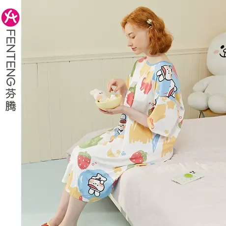 芬腾纯棉布朗熊睡裙女夏季短袖中长裙卡通韩版少女可外穿家居睡衣图片