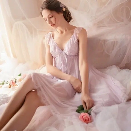 宫廷性感睡衣公主风吊带睡裙很仙的夏甜美可爱女宽松大码孕妇蕾丝图片