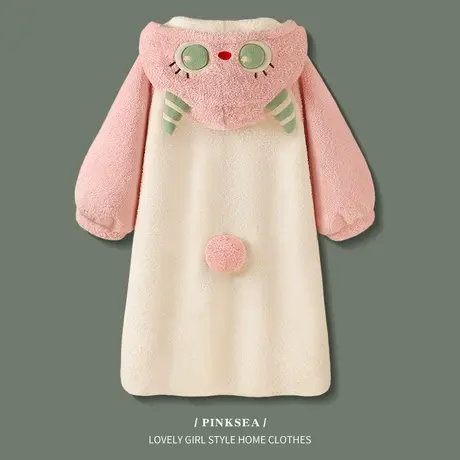 Pinksea珊瑚绒睡衣女秋冬可爱中长款睡裙新款可外穿加厚保暖睡袍图片