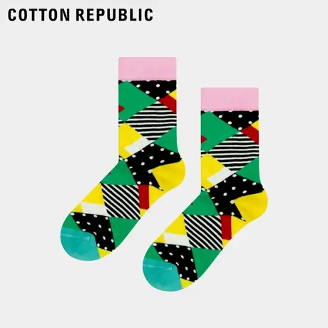Cotton Republic/棉花共和国女士撞色几何图案提花棉质休闲中筒袜图片