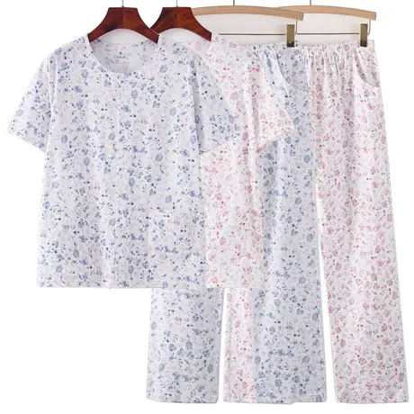 老年人纯棉开衫睡衣女夏季薄款奶奶空调衫妈妈短袖居家服两件套装商品大图