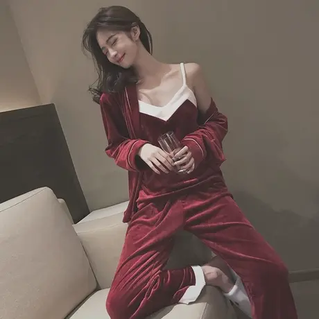 睡衣女秋冬法兰绒长袖保暖外穿三件套装舒适本命年红色丝绒家居服商品大图