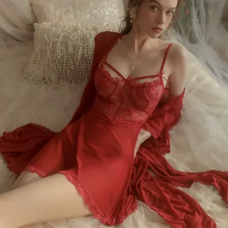 法式睡衣夏季性感吊带睡裙中长款小胸高级感睡袍两件套女秋冬季图片