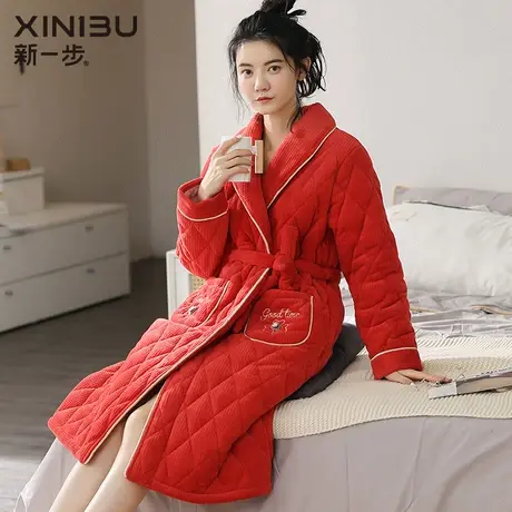 新一步本命年珊瑚绒睡袍大红色女士家居服中长款法兰绒开衫睡衣冬图片