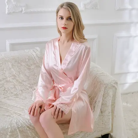 法式纯欲丝绸新女士性感睡衣系带睡袍冰丝家居服长袖粉色日系浴袍图片