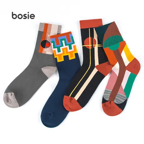 bosie 男女同款 设计师潮牌长筒棉袜休闲袜子（4双装）图片
